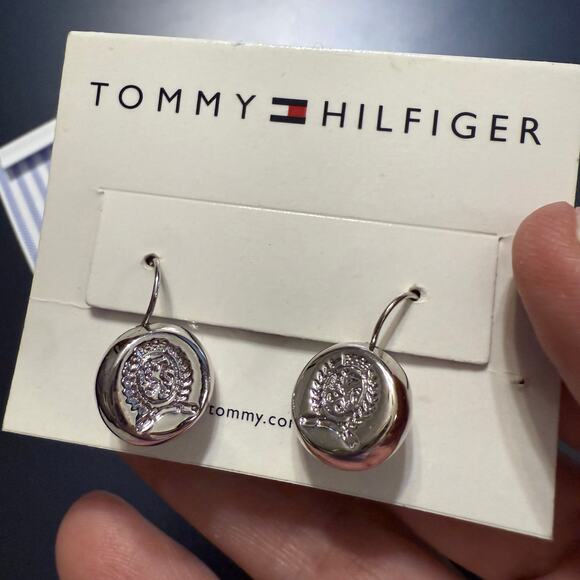 NWT Tommy Hilfiger Gold and Silver Tone Logo Drop Earrings - Picture 5 of 6